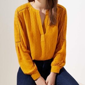 LOFT Aztec Gold Top Pullover Cutout Swiss Dot /Clip Dot Split Neck Long Sleeves